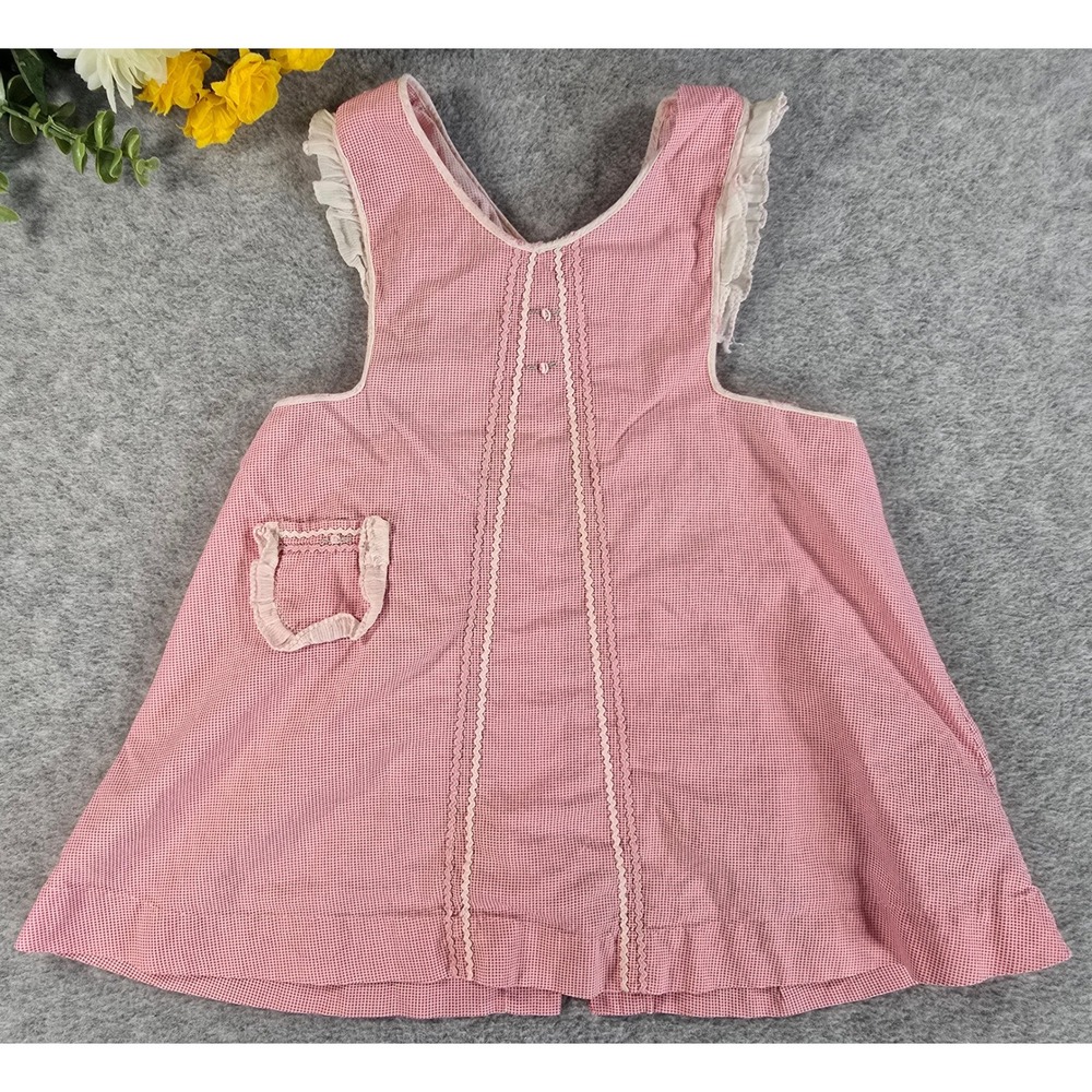Vintage 60s Gingham Ruffle Pinafore Dress Baby Handmade Embroidered 0-6m